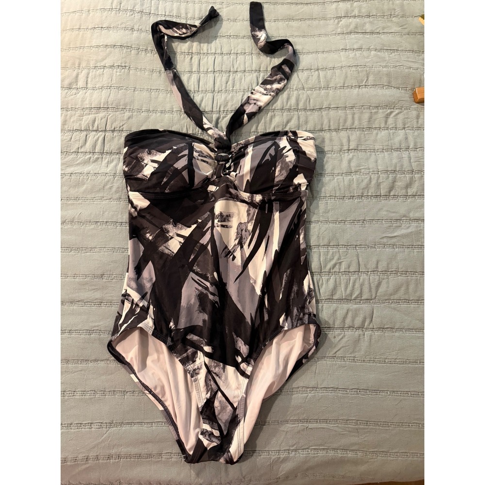 Michael Kors Womens Abstract Print Halter One Piece Swimsuit Black White Grey 12